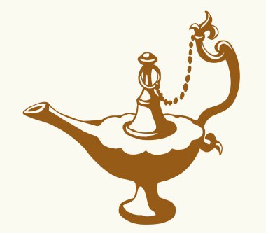 Yakın plan, beyaz masa boşluğunda eski, kilden yapılmış gazyağı kampı şişesi. Siyah mürekkep çizilmiş el, altın kutsal peri efsanesi sihirli alladin rüya, lütfen logo işareti, kutsal çizgi film stili.
