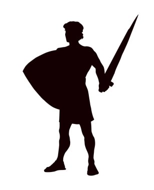 Cesur genç erkek Greec kralı Roma zırhlı vücudu güçlü Yahudi insan işareti ikonunun yanından geçerken siyah çizgiler çiziyor. Yahudi kahraman bıçak çatışması logosu İncil çağı İsrail tanrı zafer çizgisi beyaz gökyüzü