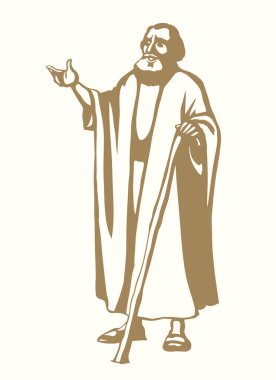 Kutsal Yahudi Tanrısı, bilge erkek haham rahibin ayağa kalktığına inanıyor. El çizimi siyah çizim eskiz eskiz orta Asya Suudi Arabistan etnik bornoz elbise kamış görünümlü beyaz gökyüzü metin alanı