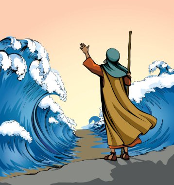 İsrail erkek lider kadrosunun kölelikten kaçtığına inanıyorum. Klasik İsrail sanat eseri çizimleri, el çizimi, karikatür çizimi gökyüzü. Büyük okyanus fırtınası ayrı pesach Seder Law Wonder sahnesi