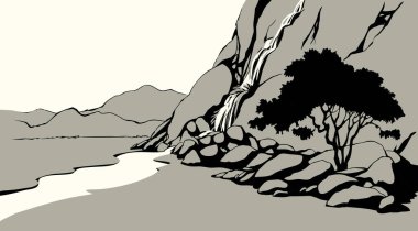 Doğu Arap İnciline ait eski Afrikalı çatlak kanyon tepesi yamaçtan kayalık kayalık dere akıntısı bereketli çalı manzaralı gökyüzü yazı alanı manzarası. özet siyah el çizilmiş Asyalı sahne retro karikatür sanat dolap tarzı