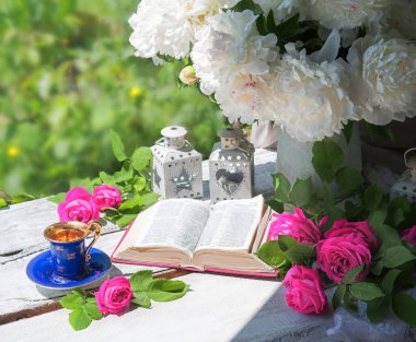 Grunge retro antique rustic lunch snack meal eat food break spring park cafe bar wood white board desk open page text. Happy sun light fresh red floral bloom bud petal rest relax biblic art still life