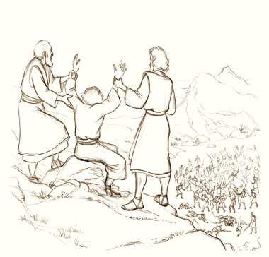 Holy jew power armor knight force israeli history elder senior age male arm rise up ask beg God legion high hill top land white sky scene. Jewish fighter defence symbol retro biblic story sketch art