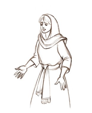 Retro veil shawl scarf dress cloth young east biblic jewish arab lady face stand do not sure don't know sad human face arm no ask shock look. Bible believe old guilty fear awe Israel sketch drawn art