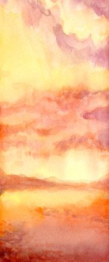 Hand drawn paint quiet calm beach shore fresh sun glare white light dawn heaven horizon view scene. Paper card text space retro sketch style design blue violet acryl color pond rain mount view picture