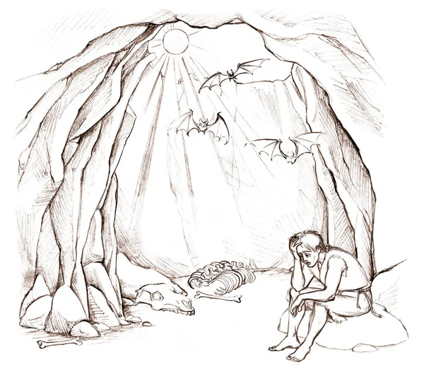 Menggambar Tangan Lone Sedih Gadis Nakal Tua Kotor Keras Menggali — Stok Foto