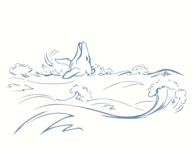 Cute aqua old giant sperm minke fin foam view light sky text space backdrop. black ink pen outline hand drawn big huge deep clear storm biology life eat fauna icon sign logo emblem design art style