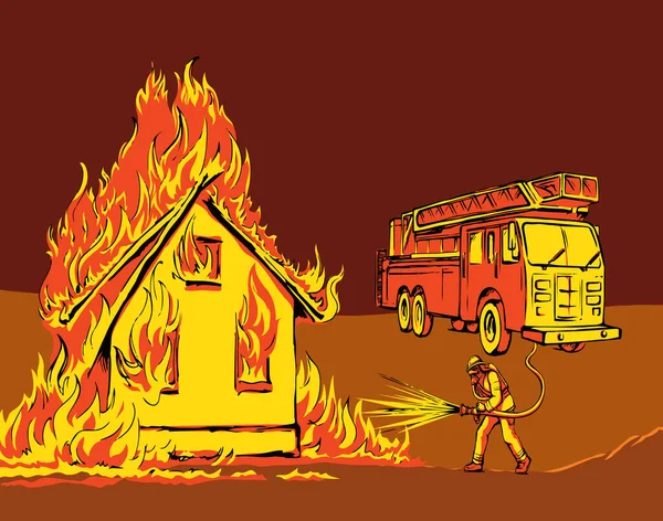 911緊急警報赤援助自動車英雄男性チーム都市の町の町の町のたき火放火火災被害 手描きのリスクは 衣装スーツギア油圧スプレーシンボルスケッチアート漫画スタイルの空のテキストスペースを保存します — ストックベクタ