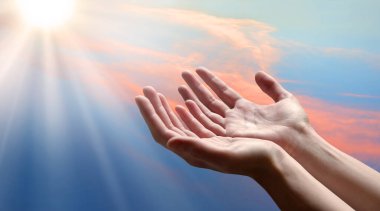 Closeup sacred young teen saint holy israel jew lady hold 2 open cup palm beg wish reach help give bless care divine love Lord life. Old biblic arab male guy boy sin soul spirit thank grace text space