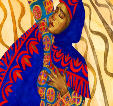 Adult lone arabian mourn weep wish pretty saint jew lady cover head scarf ask help love hope trust Lord Jesus Christ light. Paint drawn devote praise bless asia arab arm sign icon retro artist style