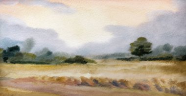 El çizimi açık renk resim karalaması sisli bahar yağmuru sahnesi sahne kağıdı metin arkaplanı. Sakin sonbahar dumanı olgunlaşmış tahıl, ekin manzarası çalı, köknar ağacı, soyut manzara.