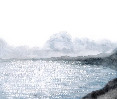 Elle çizilmiş akvaryum boyası sakin, serin, taze bahar ışıltısı gölet dağı ufku sahnesi. Kağıt kart metin alanı arka plan eski tarz tasarımı. Mavi renk yağmur, cennet, vahşi vadi, tatil manzarası.