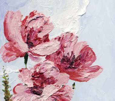 Parlak modern gouache pembe boya pastel eskiz desenli görünüm. Canlı turuncu renkli el, akrilik botanik tomurcuk kök otu çizmiş. Retro yaratıcı beyaz kağıt branda fırça tebrik kartı tarzı taze mavi gökyüzü sahnesi