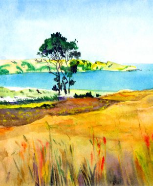 El çizimi parlak boya mavisi cennet sahnesi beyaz kağıt perde arkası metin alanı çiz. Açık sarı renk sakin tarla tarlası deresi koy yolu tahıl ağacı çimen, kaya göleti rüzgar manzarası