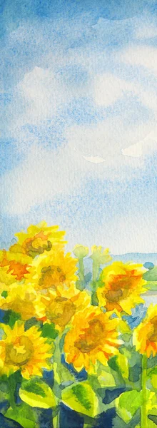 手描きの明るいアートワークは 熱い村の街の季節の天国のシーンのスケッチ白い紙のテキストスペースをペイント ライトブルー色穏やかな素朴なマスターブッシュフードヘッド植物の丘の牧草地池の海の海岸野生の景色 — ストック写真