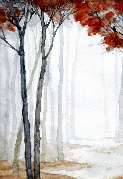 手描きのアーティスト水彩ライトヘイズペーパーカードテキストスペースの背景 黒い色の塗料霜赤ブラシスタイル涼しい霧の田舎の茂みの低木の景色 穏やかな古いTwigフェードヤードのアートワークスケッチシーン — ストック写真