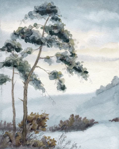 Acquerello Disegnato Mano Sole Luce Nebbia Nebbia Caduta Congelato Vecchio — Foto Stock