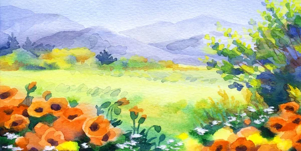 Çizimi Parlak Resim Kağıt Seyahat Çiftliği Yolu Manzaralı Mavi Renkli — Stok fotoğraf