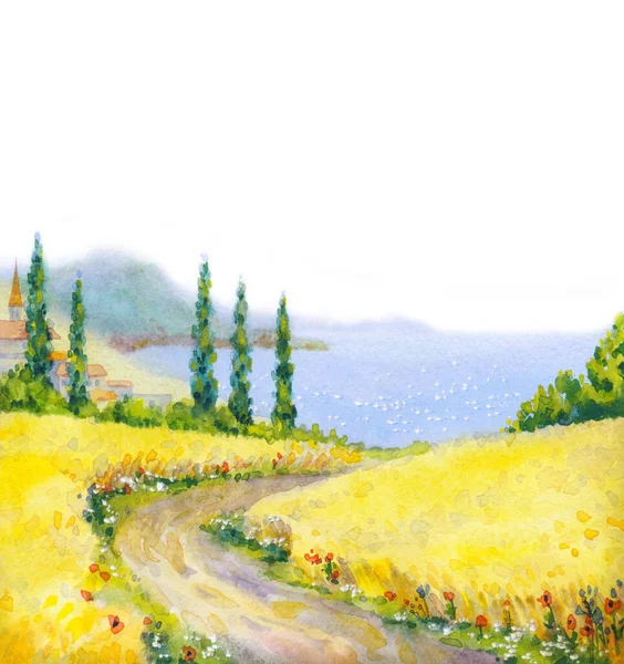 Handritade Ljusa Akvarellfärg Skiss Scen Vitt Papper Bakgrund Retrostil Natursköna — Stockfoto