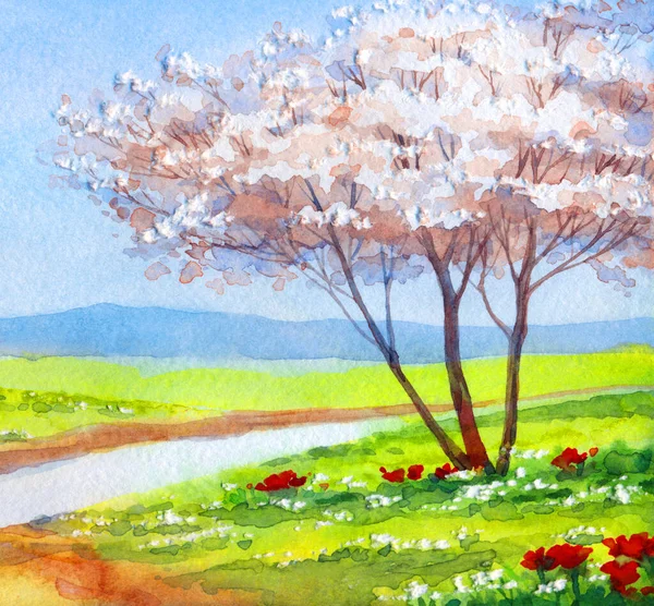 Krajobraz Akwareli Kwitnące Drzewa Owocowe Nad Spokojnym Jeziorem — Zdjęcie stockowe