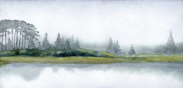 手描きの水彩画作品は 紙の背景テキスト空間にスケッチを描きます 灰色の色暗い穏やかな農村部の牧草地霧の煙海の風光明媚な景色 茂みの植物公園をこすります ヘイズ ホワイト クリーク シーン — ストック写真