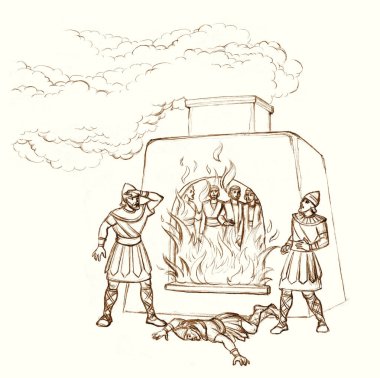 Doğu Suriye yasalarına göre 3 yaş grubu kollarını bağladı. Yahudi erkek kurban ocağın dumanına dayanmak için dua ediyor. Çizgideki kalem el, geriye doğru çizilmiş. Yazar İranlı Arap. Panik atak, korku, ölüm.