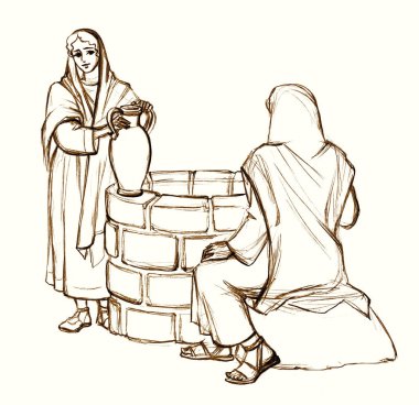 Young joy happy jew lord Jacob look meet love Islam Arab sinner maid basin job chore jug pitcher worker lady Rachel old retro holy god art sketch. line hand drawn rural slave work roman faith sin hop