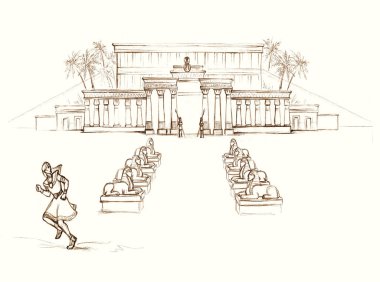 Lüks kumaşlı köle insan efendisi hızla şehir kapısına doğru gidiyor sıcak kum tepeciği yolu beyaz gökyüzü. Siyah çizgili eski çağ soylu Yahudi erkek inanç kralı cezalandırma hikayesi Tanrı 'ya dua et Doğu Arap sanat eskizi tarzı sahne 