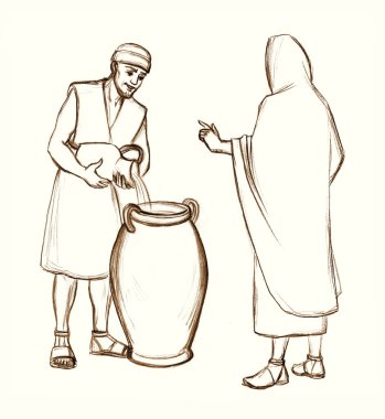 Holy lord stand teach pray male guy human work faith hold jar bowl cup old god supper story art sketch. Retro east dress cloth hand drawn rear back saint savior look smile steward rural Galilee scene