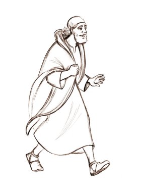 Line black hand drawn prophet pray lord god joy fast go walk path way sky. Male jew robe cloth fear guy active move jog meet son step flight leave sand retro age Islam east Arab sketch art story