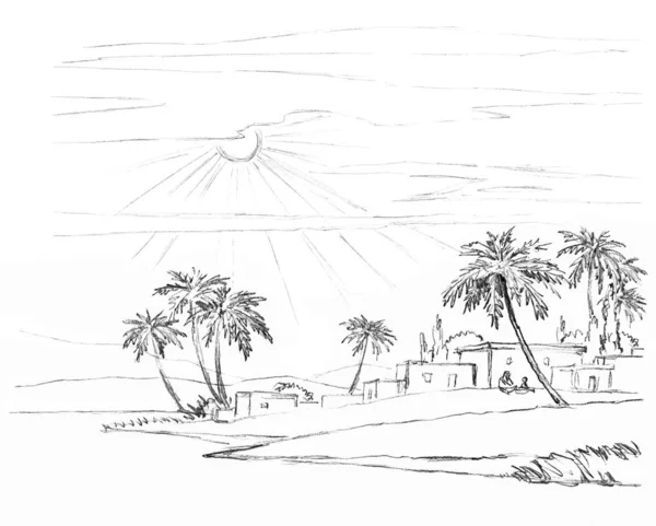 이슬람 시대의 오아시스 나무로 노면화 풍경검은 스케치 갈릴리 여행가벼운 텍스트 — 스톡 사진