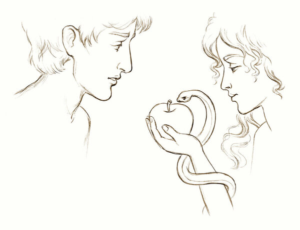 Черная ручка нарисовал рисунок первой семейной жизни грешник мужской руки взять сатанинского искушения бог запретить дать дерево смерти растение. Старая старинная антикварная история веры обнаженной жены тела любить 2 диких белых неба текстовое пространство