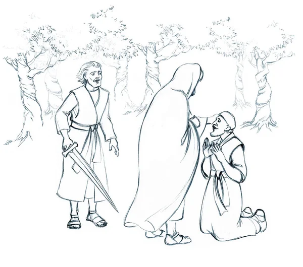 성자인 메시야 신앙의 장면을 잡는다 손으로 교사와서 피흘리는 죽음의 나무를 — 스톡 사진