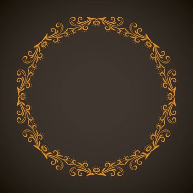 Koyu siyah kart arka planında izole edilmiş eski, sevimli, altın renkli, romantik kurdele yayı kıvrımlı, fiyonklu etiket. Daire altın çizgisi kıvırcık işaret simgesi logosu sanatsal kıvrımlı karalama stili