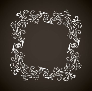 Eski sevimli romantik kitap kurdelesi kıvrımlı fiyonk etiketi siyah tahta arka planda izole edilmiş. Serbest beyaz tebeşirle çizilmiş kıvrımlı logo simgesi işaret dairesi artistik kıvrımlı karalama stili