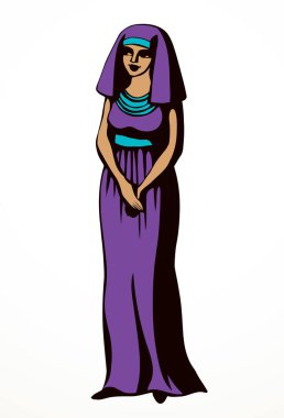 Genç yetişkin Arap etnik güzellik gülümsemesi Doğu Asya 'ya, İncil' e, Yahudi bayan altın mücevher tacına, lütfen Arap soylu krala sorun. Siyah çizgili el, Asyalı Yahudi, İncil 'deki Tanrı, beyaz sanat stili çizer.