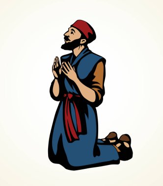 Mutlu, yetişkin, orta yaşlı, Yahudi, köle Arap, erkek. Umarım İsrail 'li erkek, kollarına güvenir. Tanrı' ya şükürler olsun. Tek başına çizilmiş Asyalı Müslüman bornoz giysi simgesi simge eski beyaz gökyüzü görünümü