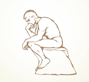 Closeup line view Classic french carve naked Poet white text space. Outline black ink pen hand drawn logo nude ponder memory ask question why faq image sign design in retro artist doodle cartoon style