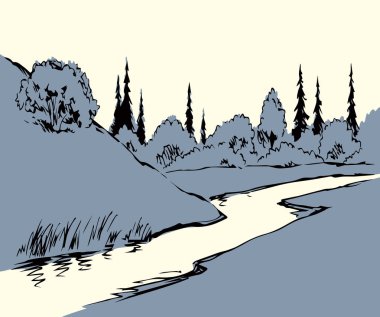 Eski montaj ana hatları siyah mürekkep kalem el çizilmiş sonbahar dale yamaç yol yolu meşe çalıları sahne resmi eski resim kağıt tarzı. Sanatçı kalem satırı bile sahil sazlığı metin alanı sanat arkaplanı
