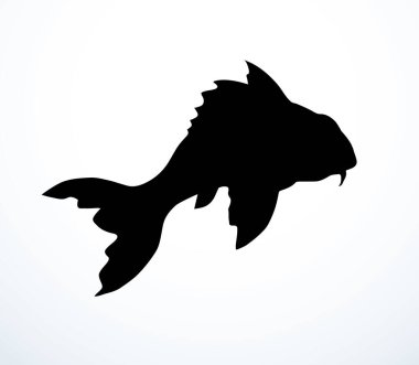 Yakından bakınca, sevimli, küçük, kırmızı Cyprinus carpio hayvanat bahçesi kasesi ev hayvanı beyaz kağıt metin alanı. Taslak siyah mürekkep kalem el büyük solungaç yüzgeç yemek levrek morina balığı diyet logosu pictogram retro sanat doodle style