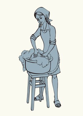 Young smile teen lady kid hold wet clear liquid fun house wife garden job old retro histor outline sketch art. Black line ink drawn cute funny joy pure clean toy dress scarf body white home text space