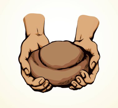 Tatlı, hafif, beyaz arpa rulo hamur, çocuk şefe yalvardı. Kalem çizilmiş eski erkek tanrı İsa kol inancı çavdar diyeti ikonu tabela logo kavramı eski İncil sanatı