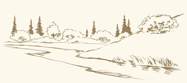 古いマウントアウトラインダークブラックインクペン手の秋の谷間斜面旅行道路のパスを描くオーク低木シーン画像レトロなアートペーパースタイル アーティスト鉛筆ラインも海岸線リードテキストスペースアートワーク背景 — ストックベクタ