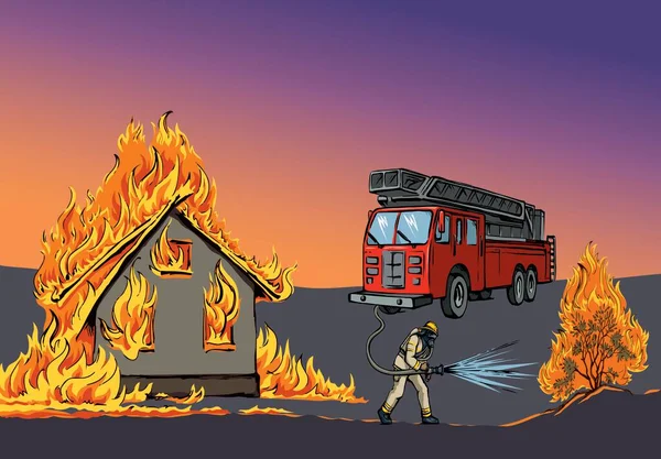 911緊急車のトラックのホース援助チームのリスクの仕事の活動の戦いヒーロー男性はストリートパークツリーブッシュ植物たき火の炎を試してみてください 手描き決して論理効果の結果を保存スプレーユーモアシンボルアートグラフィックスカイ — ストックベクタ