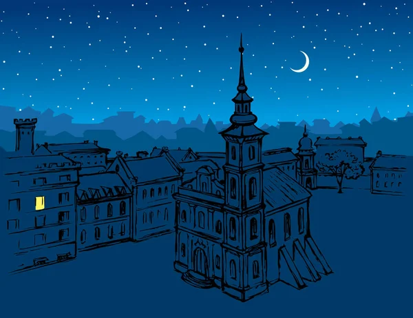 フランスイタリア時代イギリスイギリスの場所鐘楼ドーム屋根の木の景色も 星の月のテキスト空間青を尖塔 大きな黒い手が描かれたポーランドドイツの中央道路のシーンゴシックチェコイタリアのアートスタイルのスケッチ — ストックベクタ