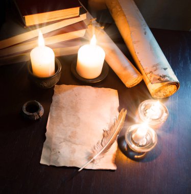 Worn rusty age holy god pad writer author wisdom dark black desk table post still life banner. Close up top view diary read literary school art hand quill nib script announce notic card space backdrop