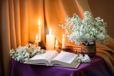 Rustic pray psalm write love table space card. Holy age jew home culture god Jesus Christ literary night even art rose lilac petal bunch still life flame fire glow symbol concept backdrop wed decor 
