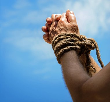 Danger law conflict blue heaven hope text space. Closeup restrict handcuf kidnap punish imprison link frustrate limit. Unable fist bind restrain addict sign close up hopeless abduct arrest caught body