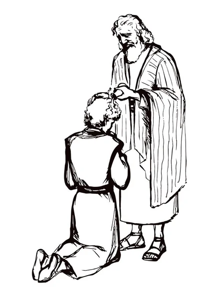 Heilige Jood Senior Ouderling Vader Houd Arm Haar Vragen God — Stockvector