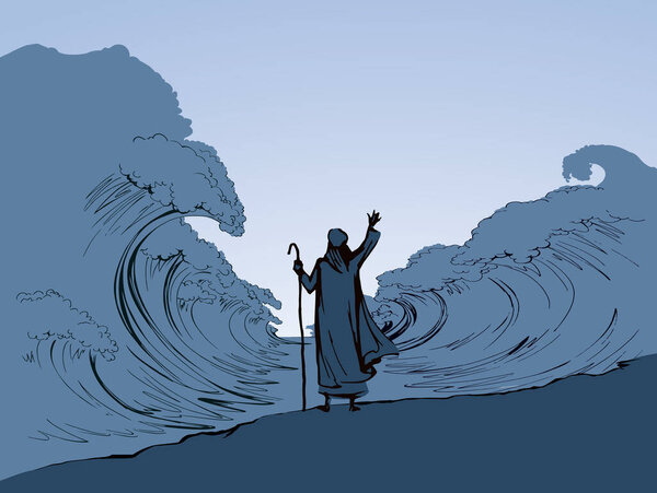 Belief israeli male human leader staff stick stand back view slavery escape go. Vintage israelite art graphic line hand drawn cartoon sketch sky. Big ocean storm separate pesach seder law wonder scene